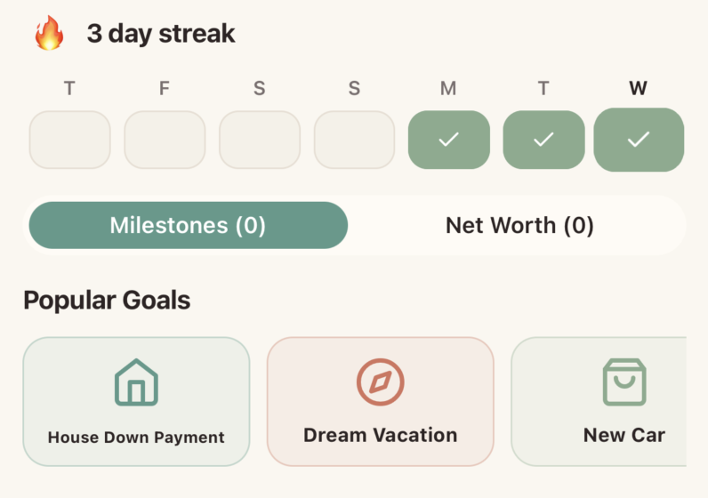 Goals tab showing savings progress and streaks